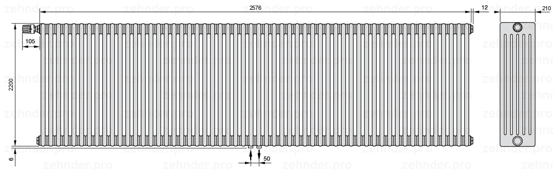 Схема (чертеж) Радиатор Zehnder Charleston 6220/56 №V007 Белый глянцевый RAL 9016